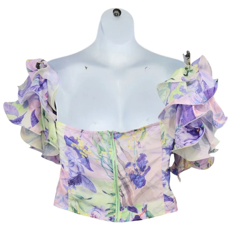 PrettyLittleThing Plus Floral Bardot Crop Top Ruffle Puff Sleeve US 22 NWT - Picture 2 of 6